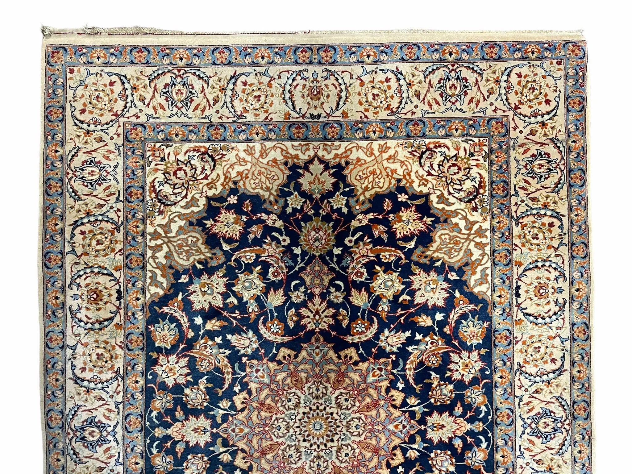 Persian Isfahan Rug 4x5, Navy Blue & Ivory, Wool and Silk Highlights by Jewel Rugs
