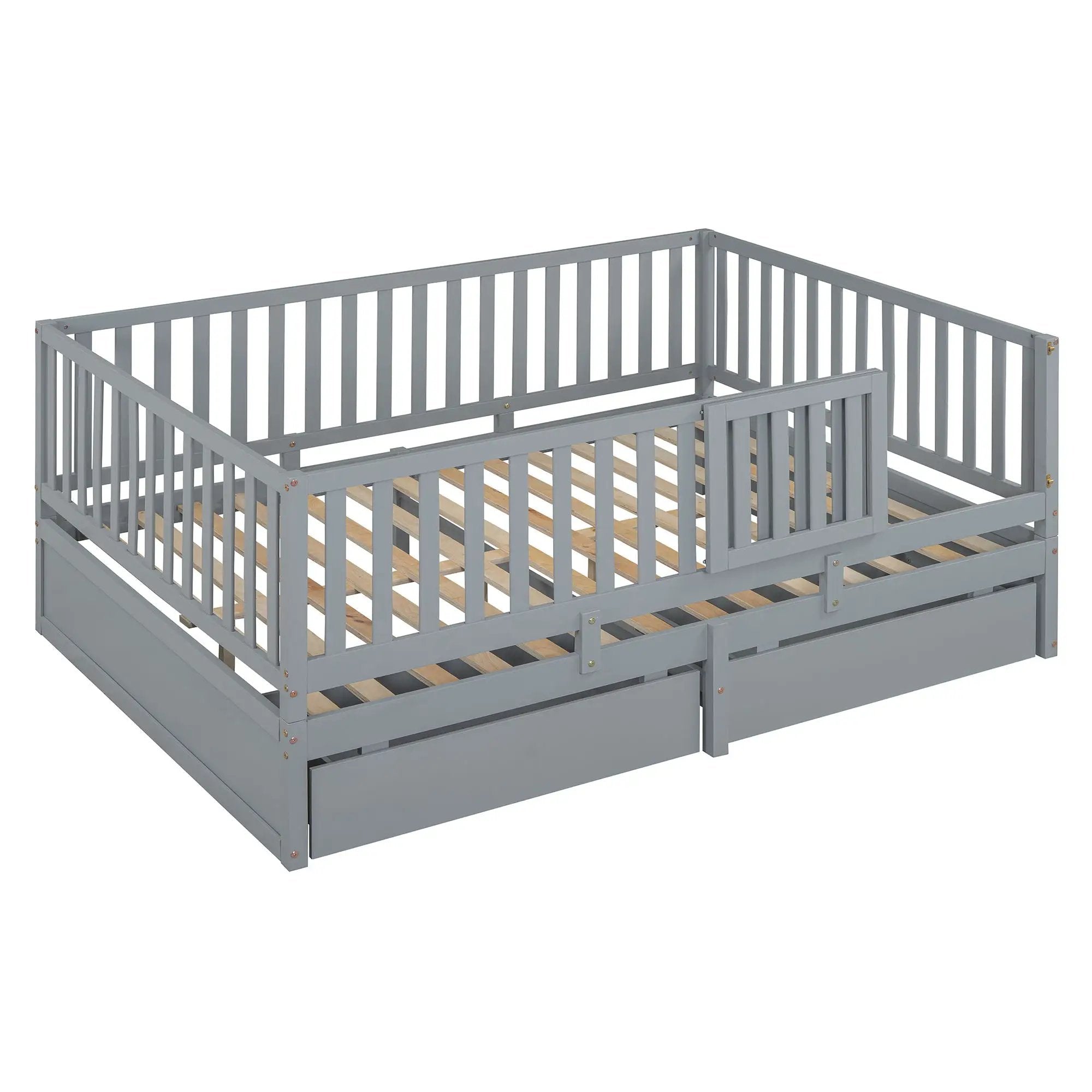 Daybed With Fence Guardrails And 2 Drawers, Split Into Independent Floor Bed & Daybed by HouseOfZazla