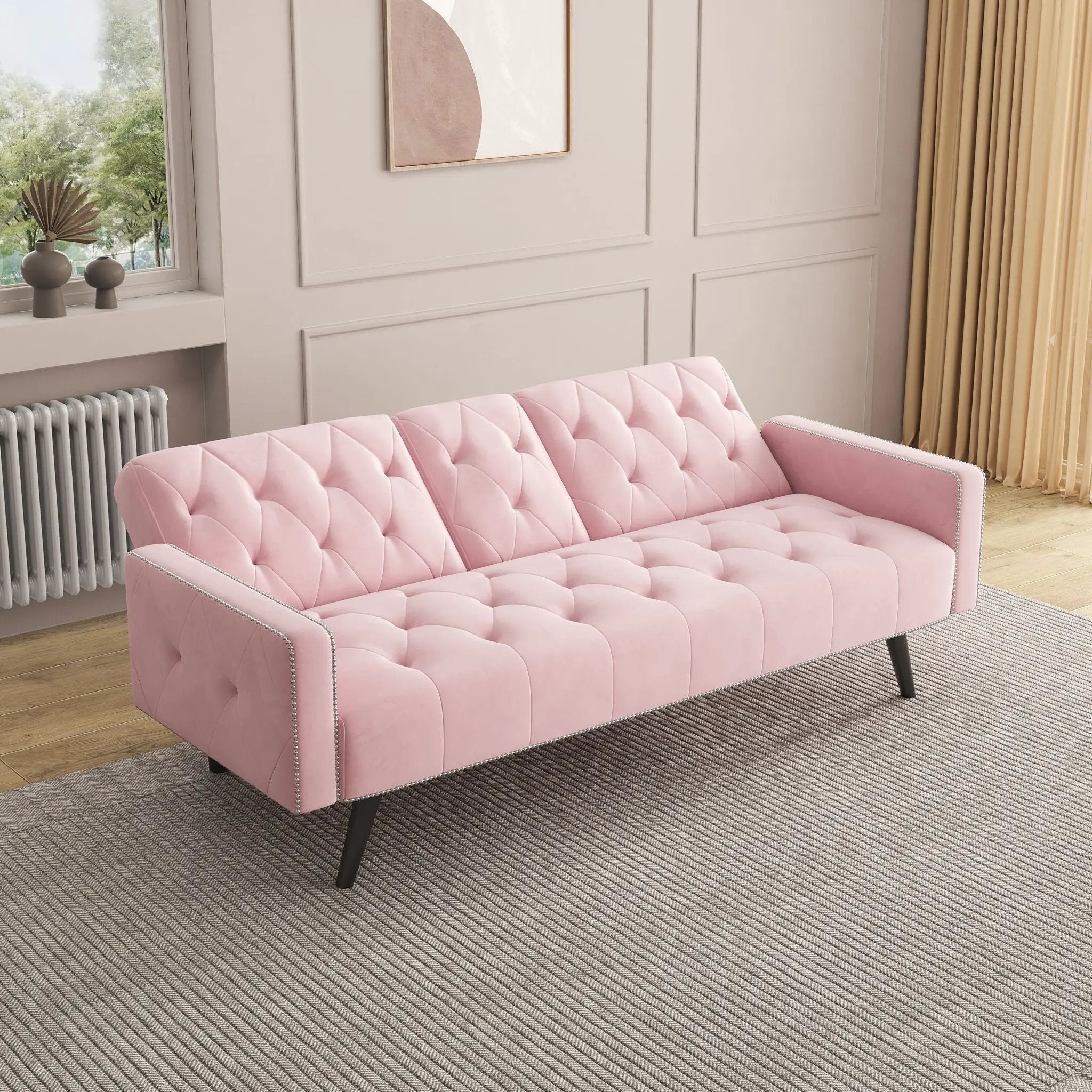 Sofa Bed With Nail Head Trim And Cup Holders - Pink by HouseOfZazla