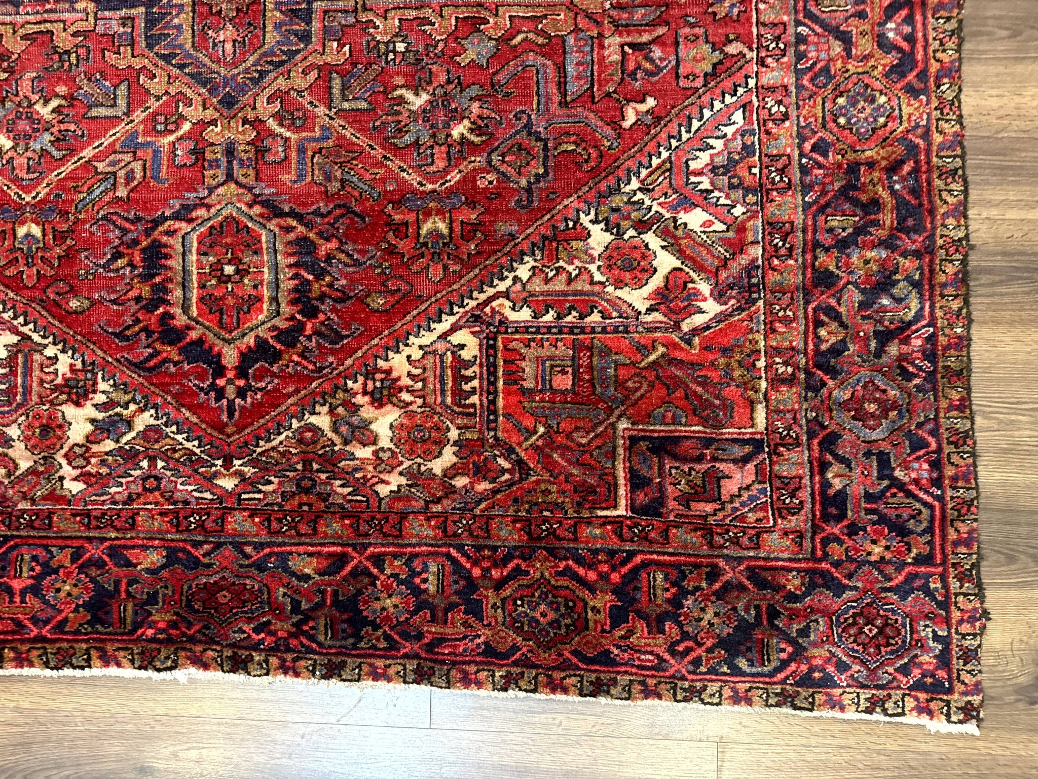 Persian Heriz Rug 7x10, Geometric Pattern, Red Ivory Navy Blue by Jewel Rugs