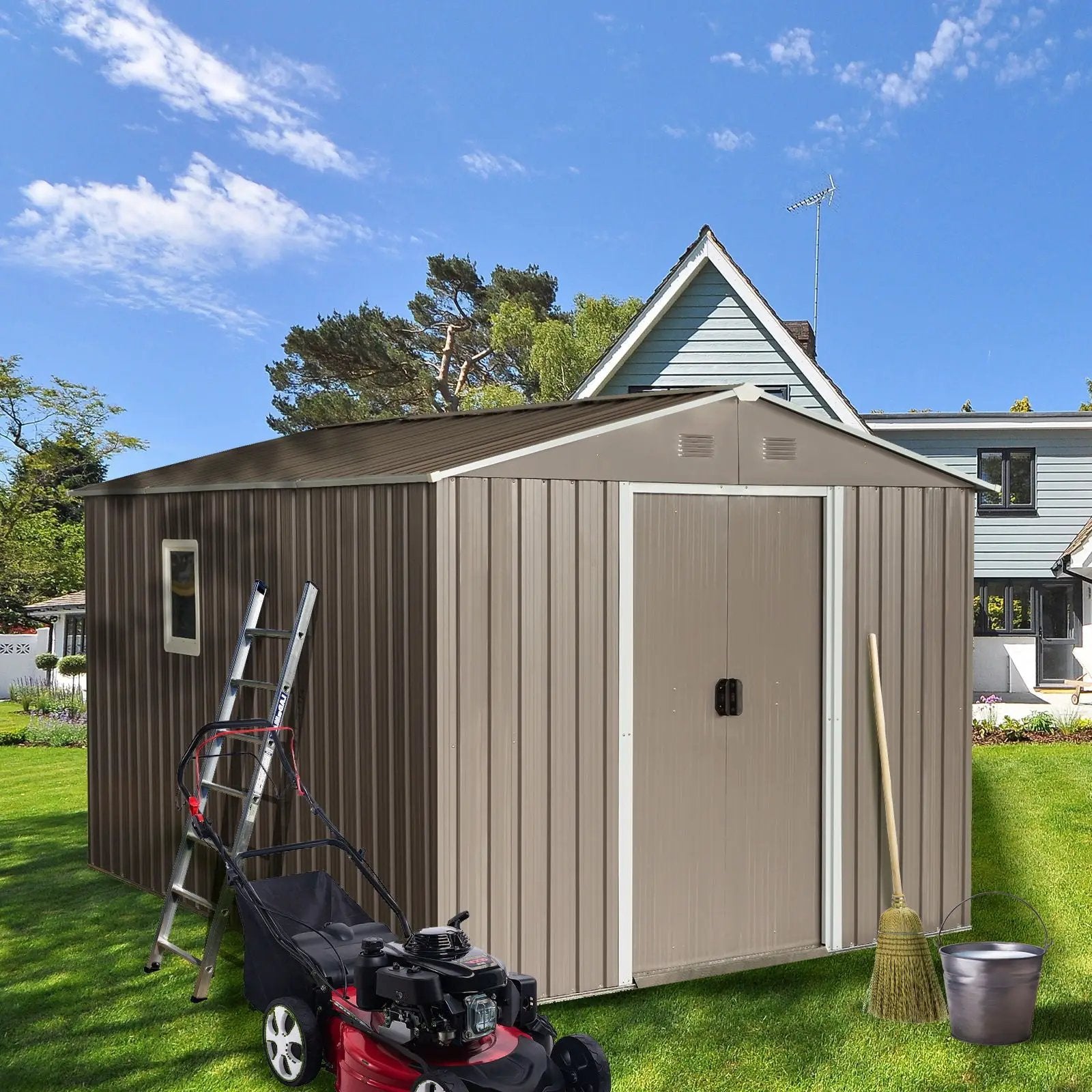 8Ft x 10Ft Outdoor Metal Storage Shed With Metal Floor Base, With Window - Gray by HouseOfZazla