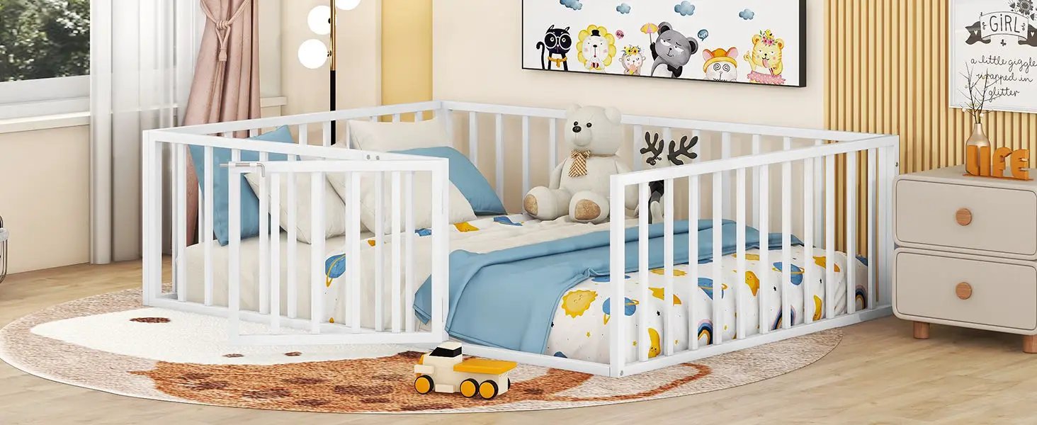 Metal Floor Bed Frame With Fence And Door by HouseOfZazla