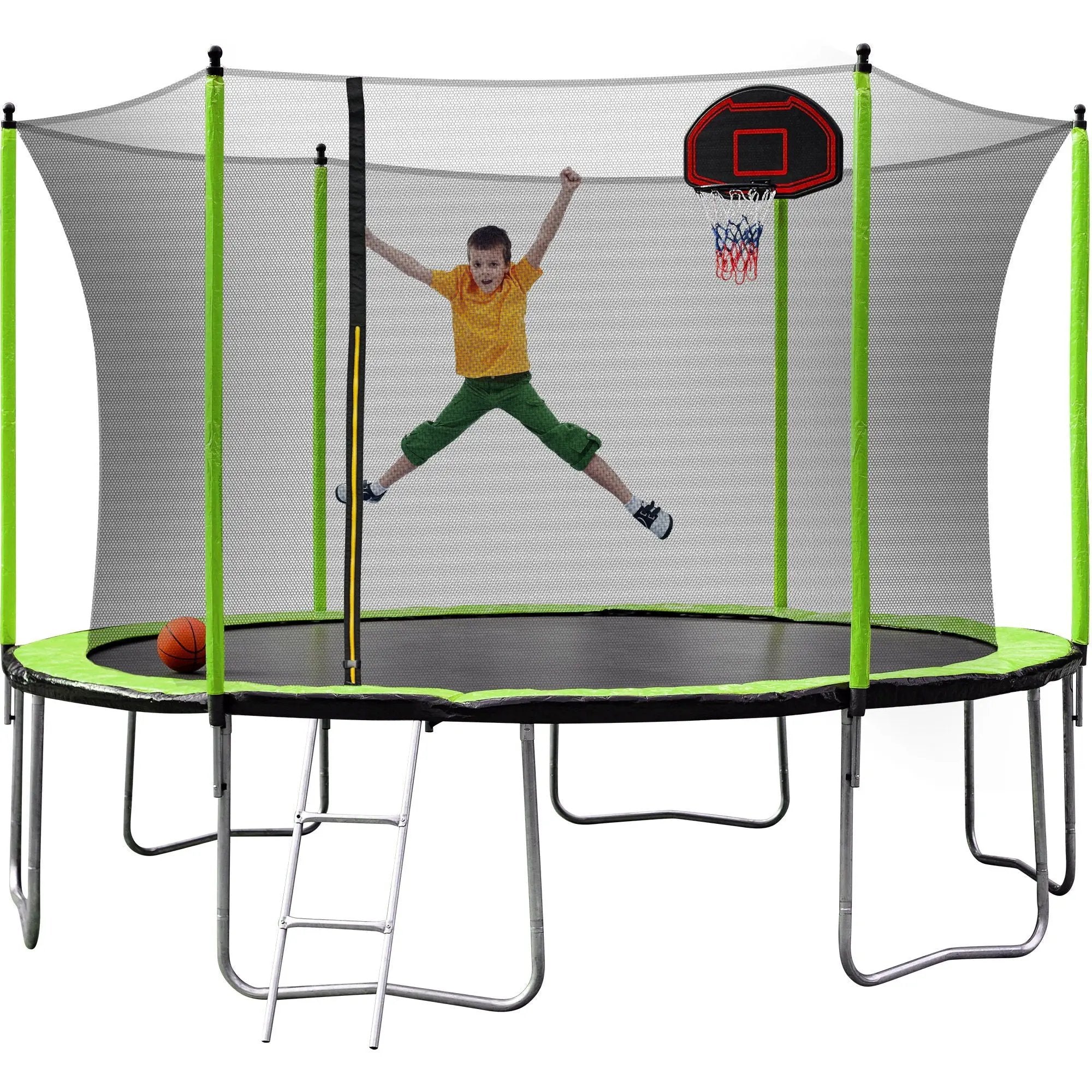 14Ft Trampoline With Basketball Hoop Inflator And Ladder (Inner Safety Enclosure) - Green by HouseOfZazla