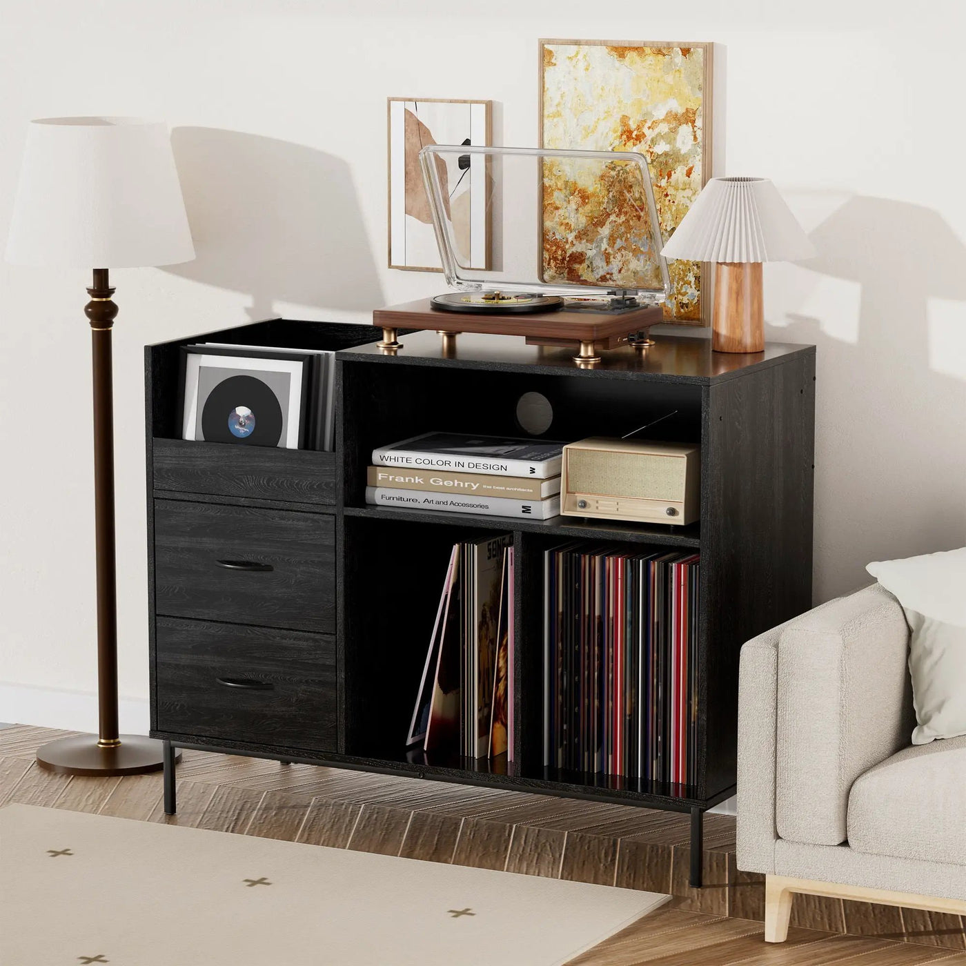 Eco-Friendly Vinyl Record Player Stand With Flip-Top Storage, Media Console With Dual Outlets And Dustproof Drawers by HouseOfZazla