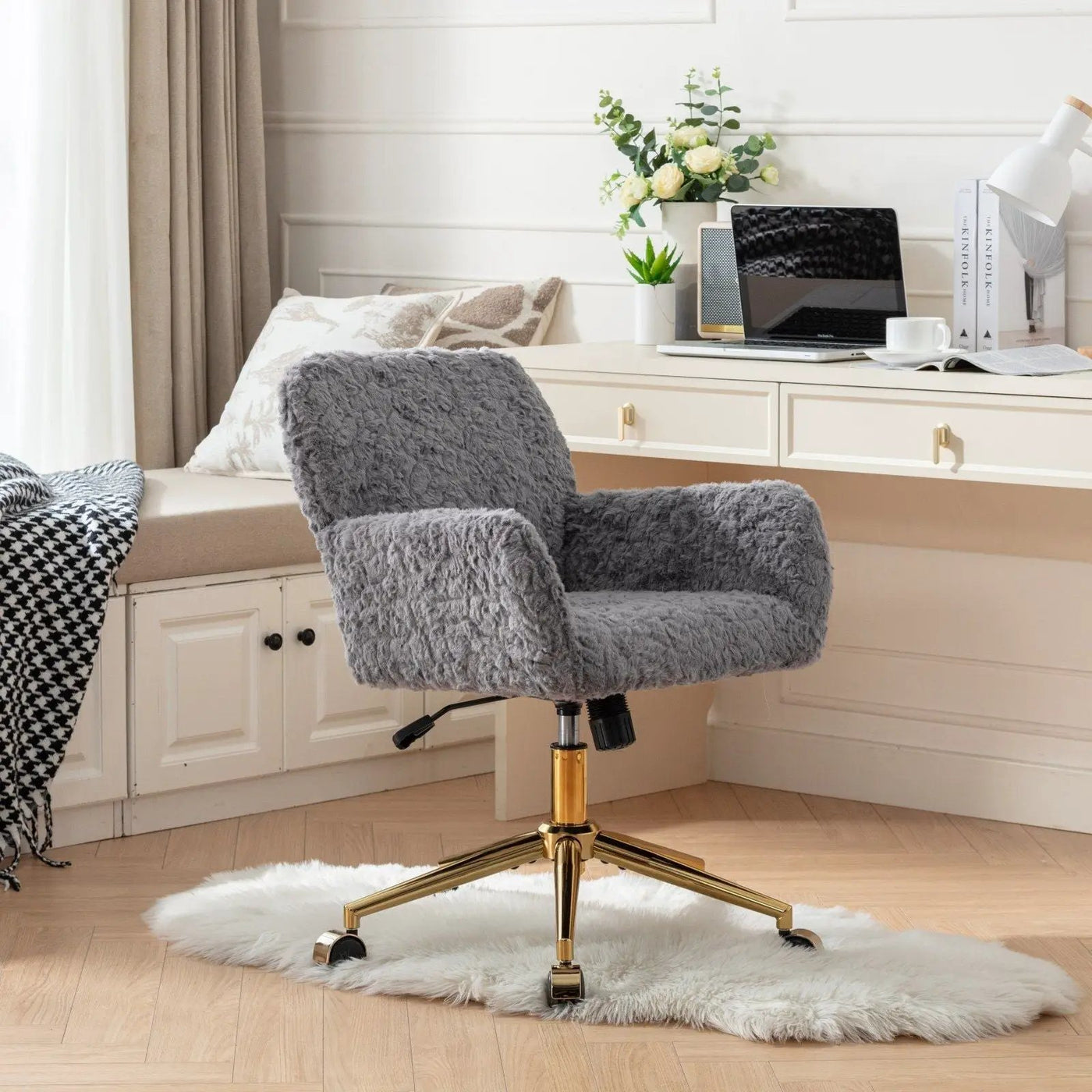 Office Chair, Artificial Rabbit Hair Home Office Chair With Metal Base, Adjustable Desk Chair Swivel Office Chair, Vanity Chair by HouseOfZazla
