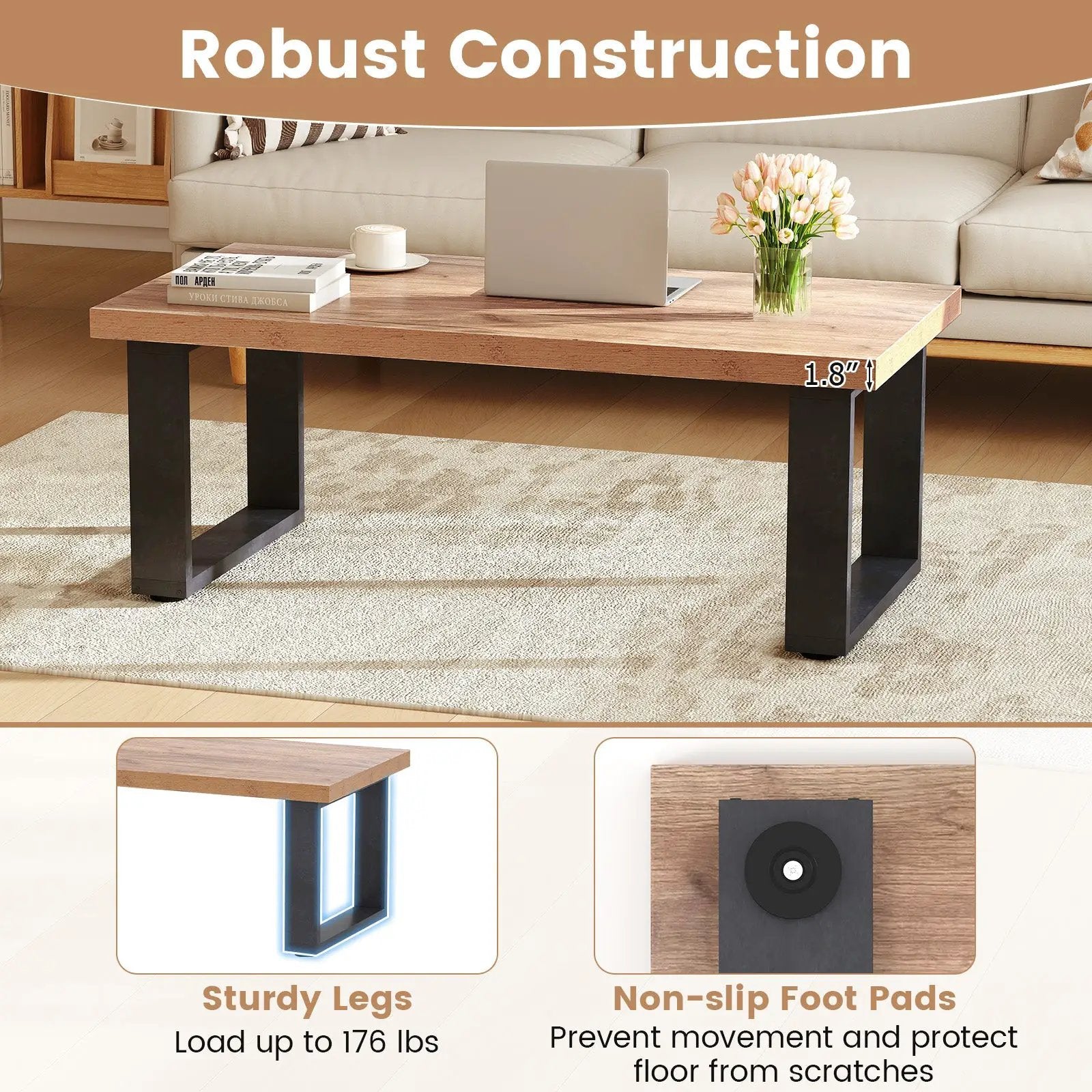 47 inch Farmhouse Style Rustic Coffee Table with Thickened Tabletop and Natural Wood Texture-Oak by DirectDeals