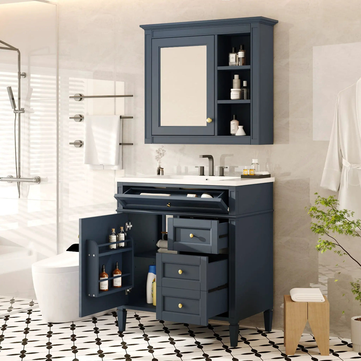 Bathroom Vanity With Top Sink, 2 Doors And 3 Drawers, Freestanding Set With Mirror Cabinet by HouseOfZazla