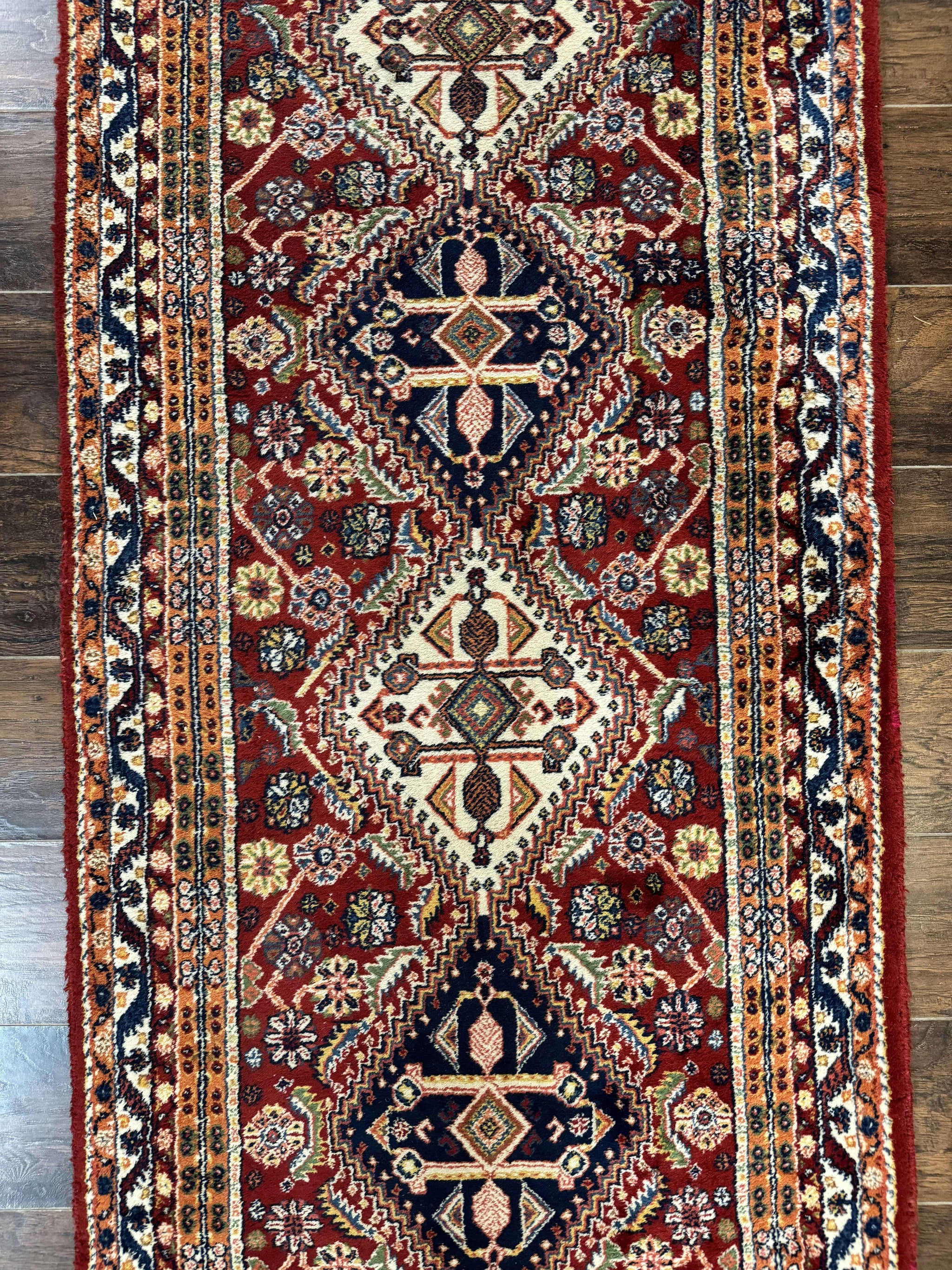 Antique Persian Qashqai Runner Rug 3 x 13 ft, Tribal Runner, Geometric Medallions, Red Ivory Blue, Wool by Jewel Rugs