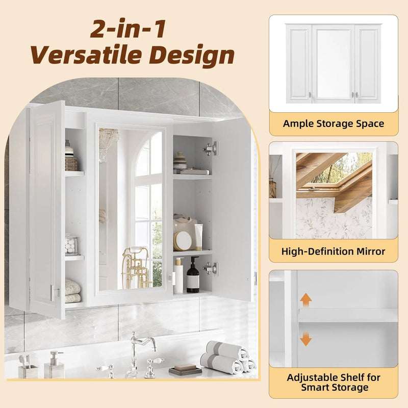 Wall Mounted Mirror Cabinet With 5 Adjustable Shelves, Rectangular Storage For Bathroom - White by HouseOfZazla