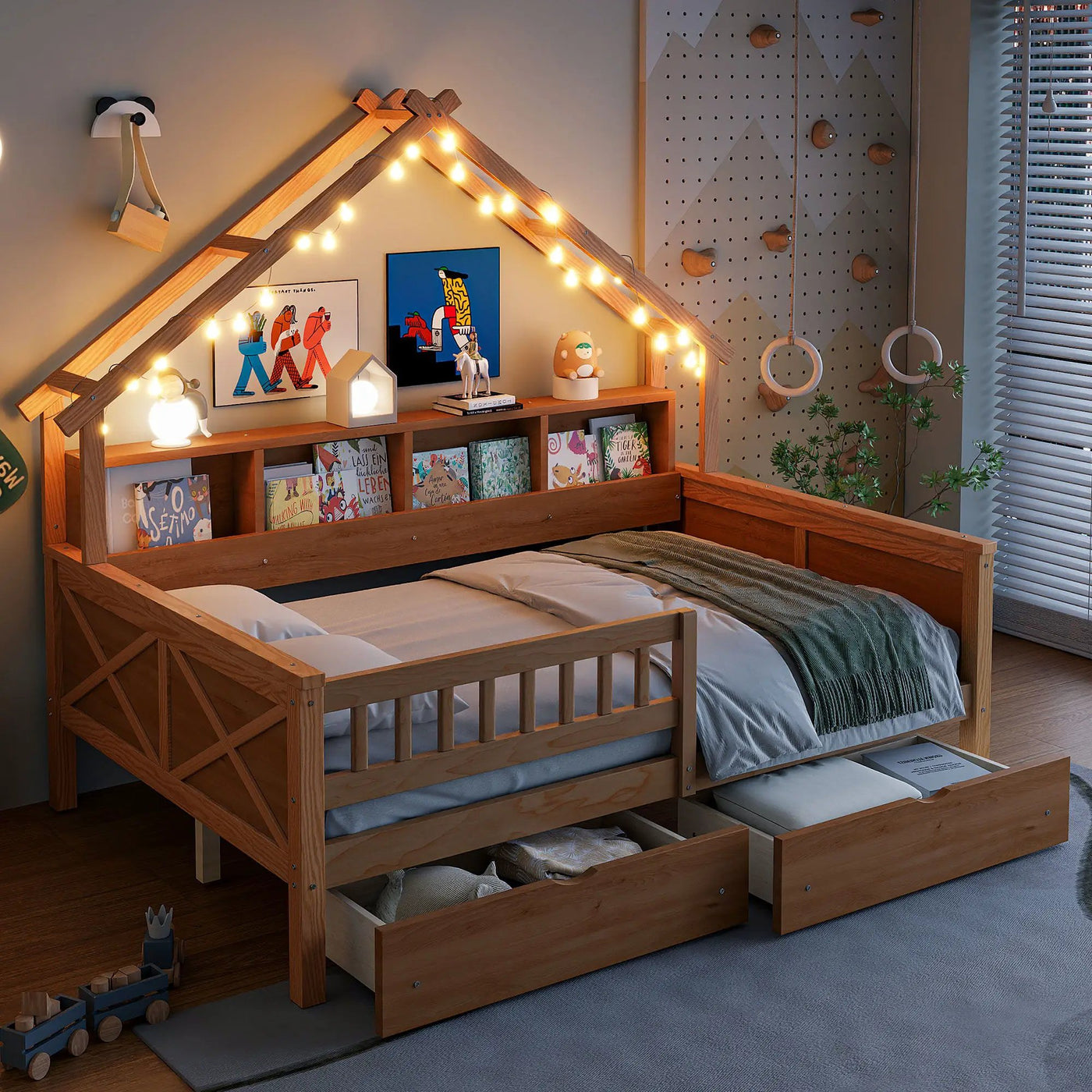 House Style Platform Bed With LED Lights, Storage Shelves, Drawers, And Guardrail by HouseOfZazla