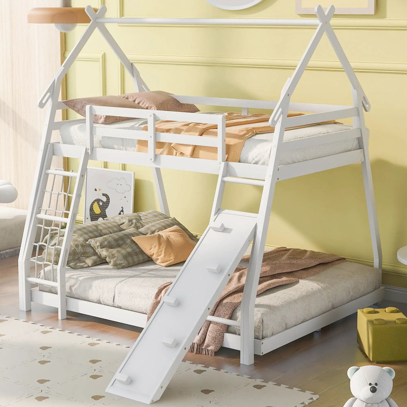Twin Over Queen House Bunk Bed With Climbing Nets And Climbing Ramp by HouseOfZazla