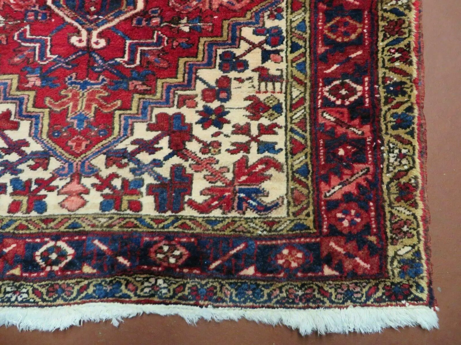 Persian Runner Rug, Heriz Runner Rug, Geometric Medallions, Red Cream Navy Blue Wool Hallway Rug 3.9 x 10.8 Antique Oriental Runner Handmade by Jewel Rugs