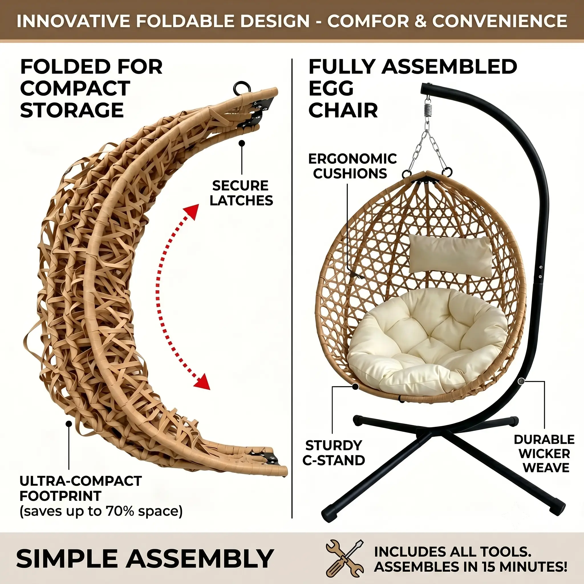 Foldable Hanging Egg Chair with Stand and Cushion by HouseOfZazla