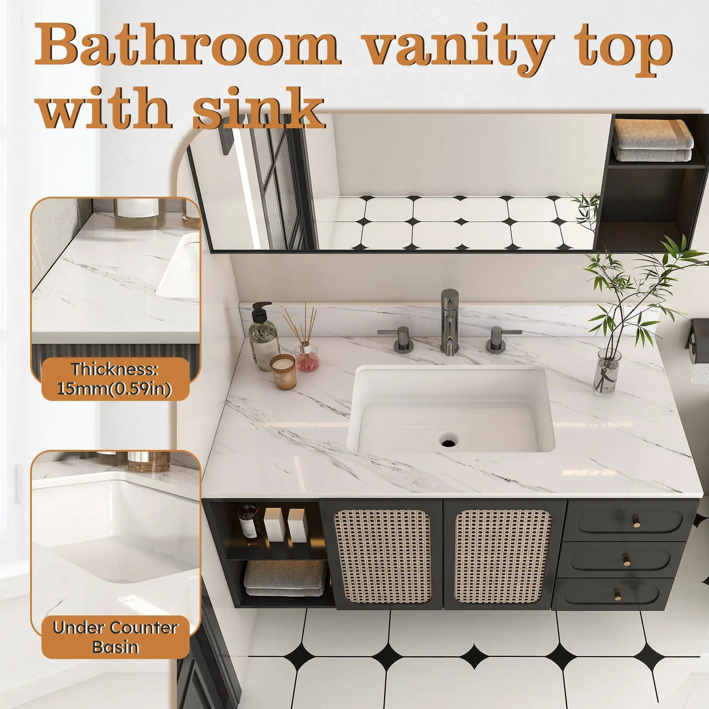 Bianco Carrara Venato Elegant Marble Vanity Top, Bathroom Vanity With Undermount Sink, Sintered Stone by HouseOfZazla