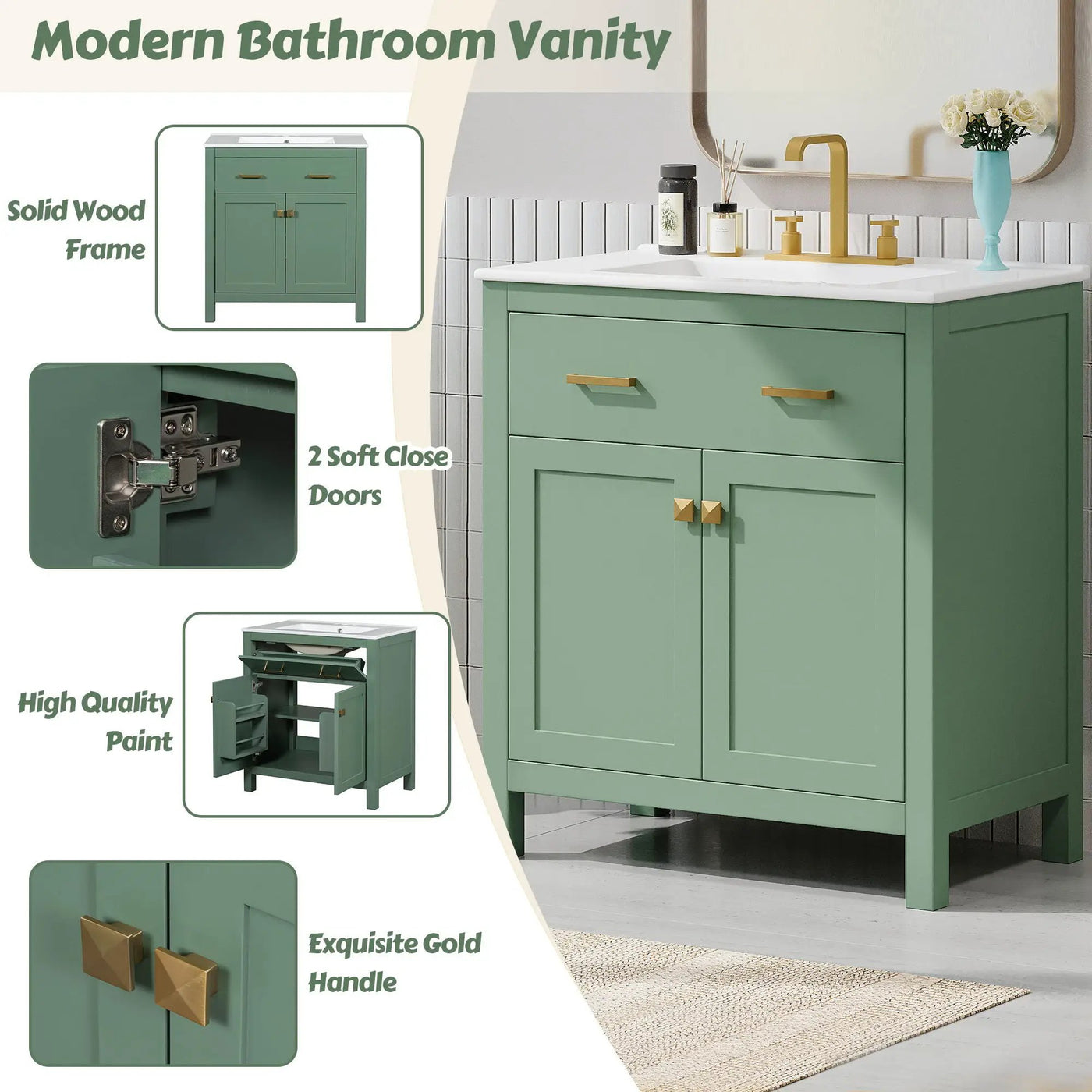 Bathroom Vanity With Ceramic Sink, Modern Single Bathroom Cabinet With 2 Doors And A Shelf, Soft Close Doors by HouseOfZazla