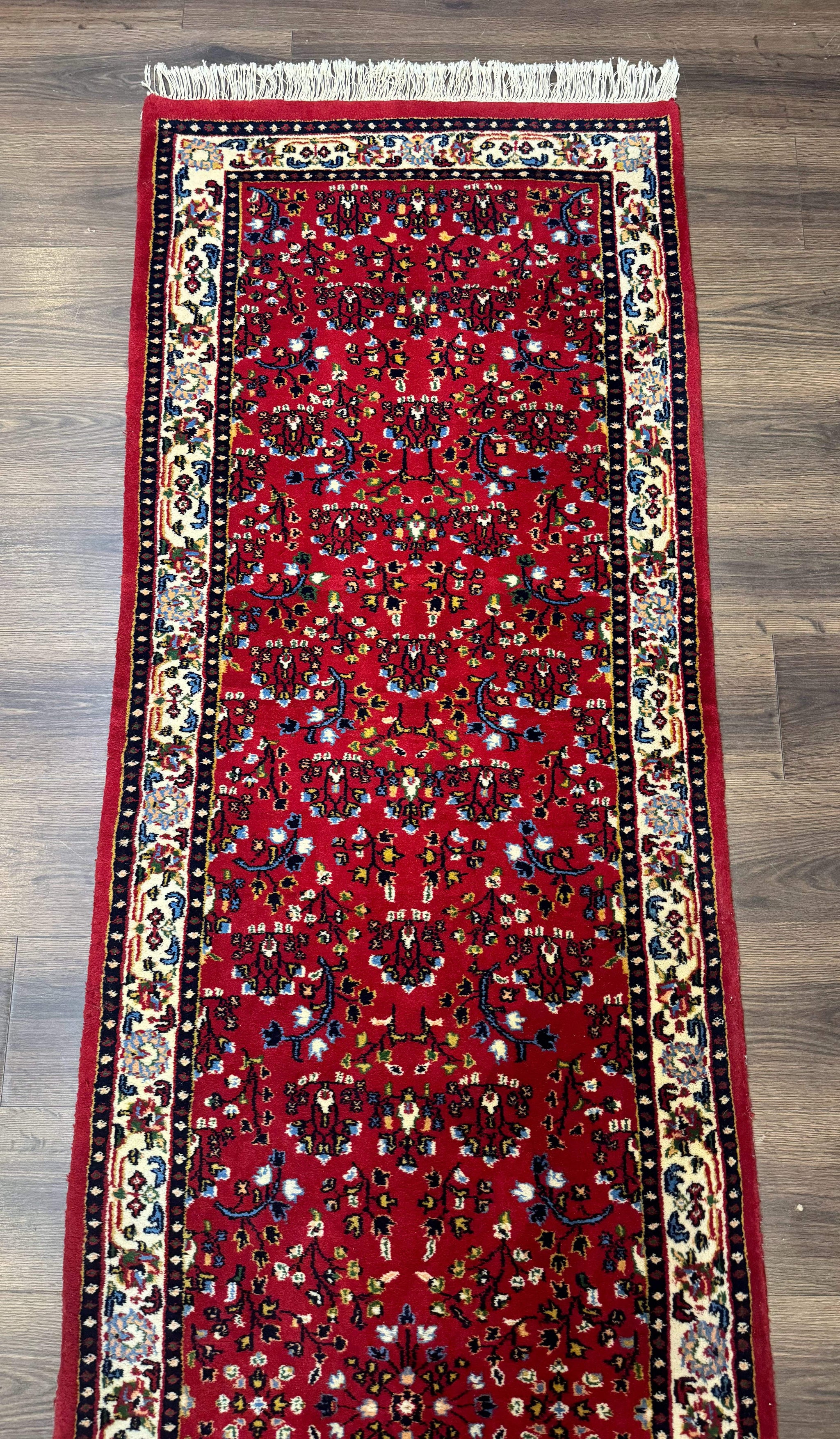 Indo Persian Sarouk Runner Rug 3 x 12, Red and Cream, Allover Pattern, 12ft Runner, Hand Knotted by Jewel Rugs