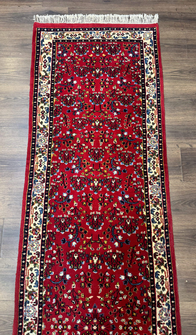 Indo Persian Sarouk Runner Rug 3 x 12, Red and Cream, Allover Pattern, 12ft Runner, Hand Knotted by Jewel Rugs