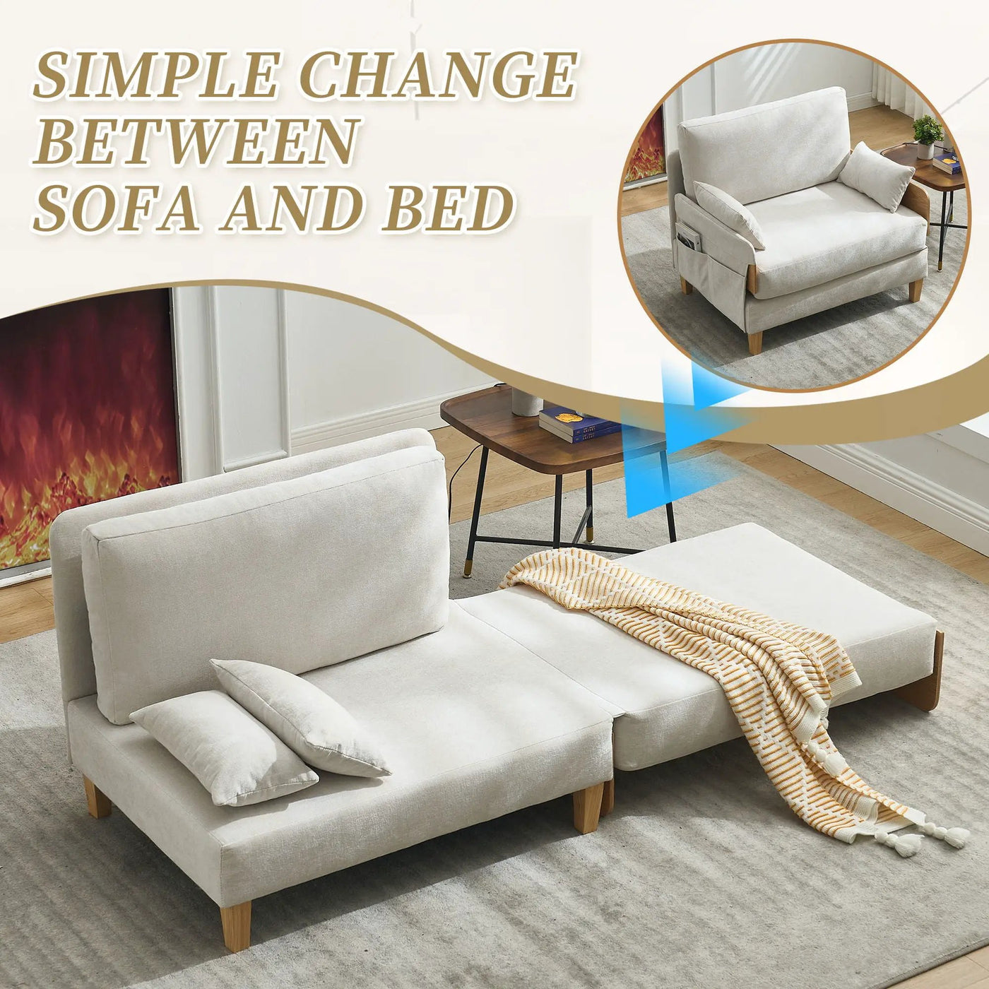 Mid Century Modern Foldable Sofa Bed, 3 In 1 Convertible Sleeper With 3 Pillows by Unique Piece Furniture