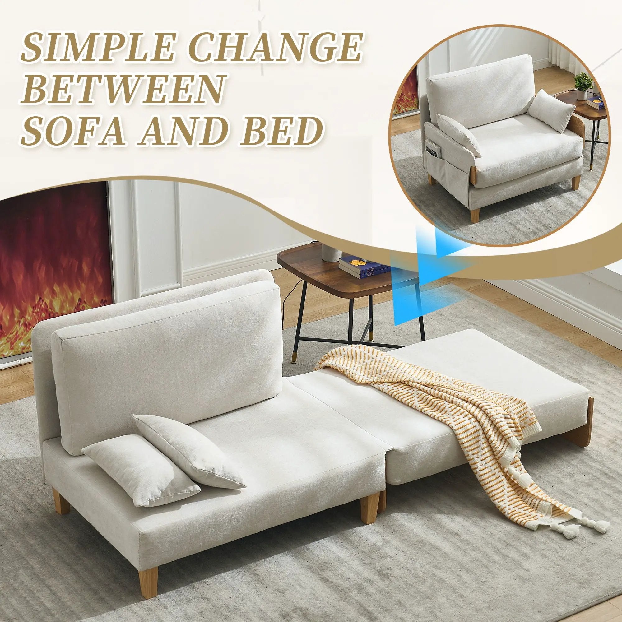 Mid Century Modern Foldable Sofa Bed, 3 In 1 Convertible Sleeper With 3 Pillows by Unique Piece Furniture