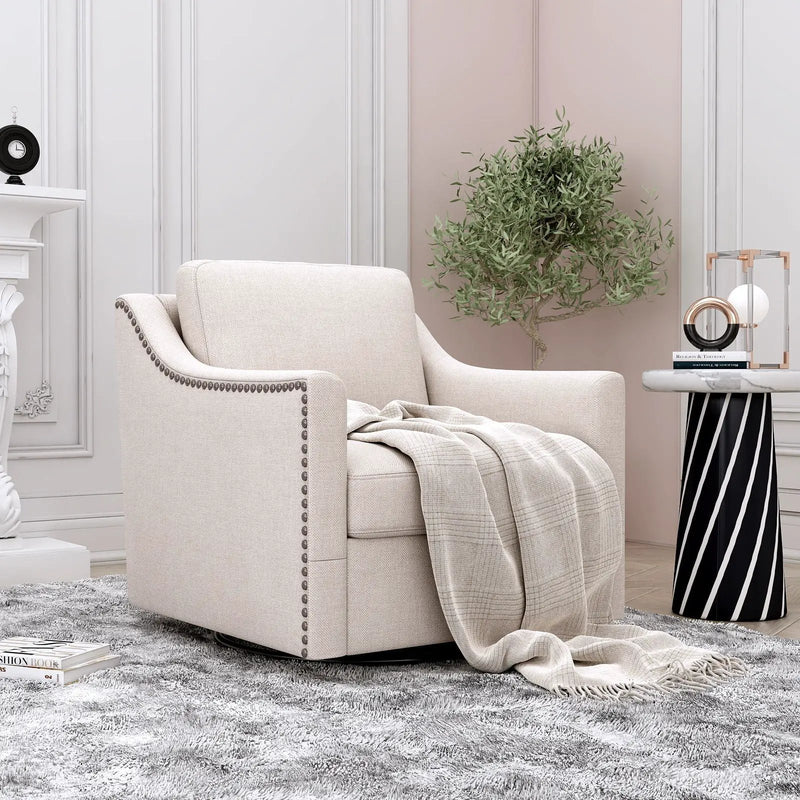 360 Degree Swivel Armchair, Skin Friendly Fabric, Ergonomic Design, Brass Nail Decorative Armchair by Unique Piece Furniture