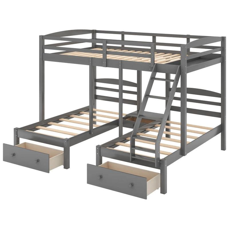 Full Over Twin & Twin Bunk Bed, Triple Bunk Bed With Drawers - Gray by HouseOfZazla