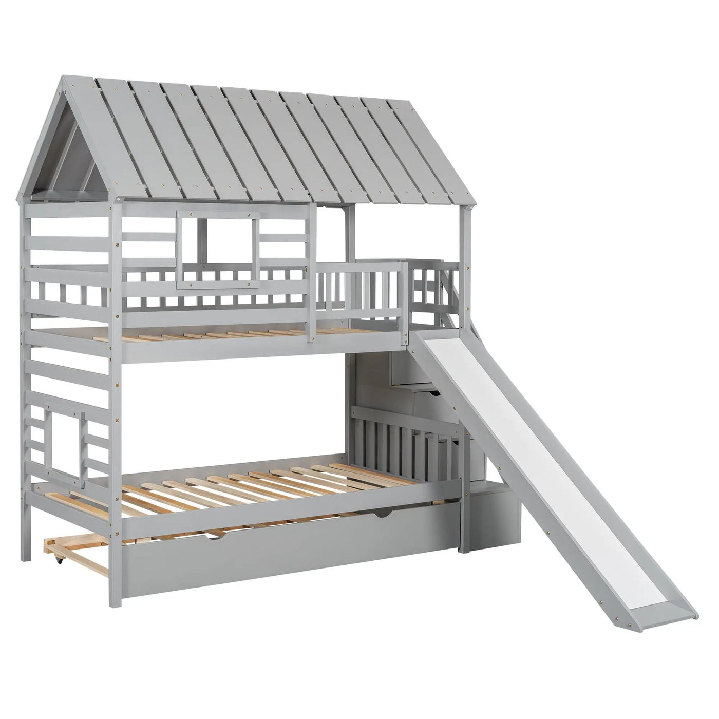 House Bunk Bed With Trundle, Storage Staircase, Roof And Window Design by HouseOfZazla