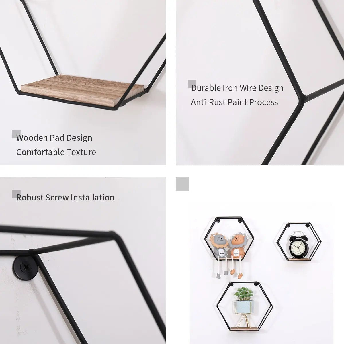 Wall Mounted Hexagonal Floating Shelves - Black (Set of 3) In Different Sizes, Modern Metal Wall Shelf, Simple Wood Partition Storage Shelves, Wall Decor Rack - Natural Wood by HouseOfZazla