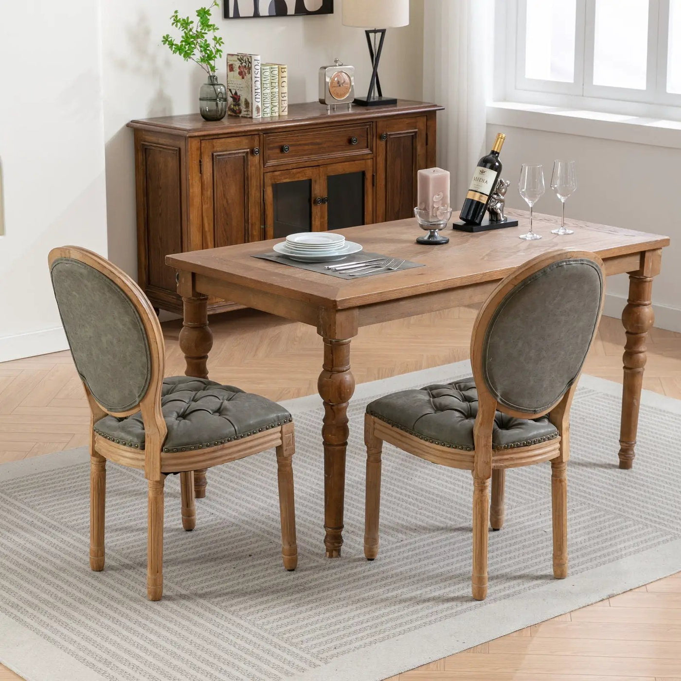 French Style Solid Wood Frame Antique Painting, Hand-Pulled Buckle Decoration Artificial Dining Chair With Nailhead Trim, Wood Legs by HouseOfZazla