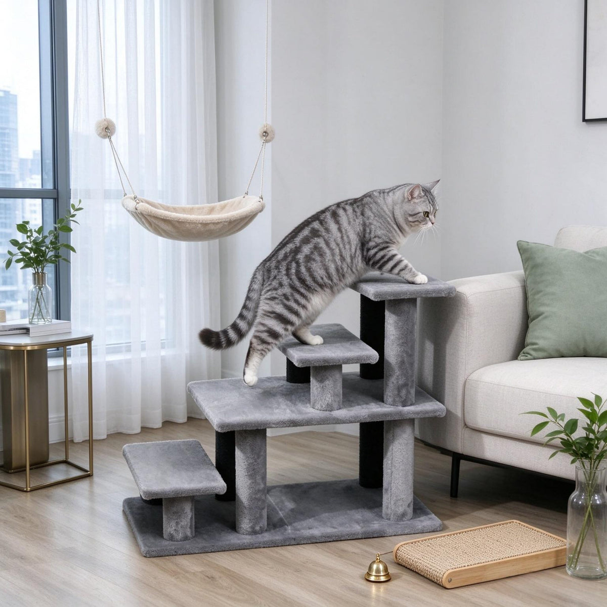 Modular Pet Cat Stairs with Flexible Setup - Particleboard & Plush, Gray/Black, photo 2 of 9
