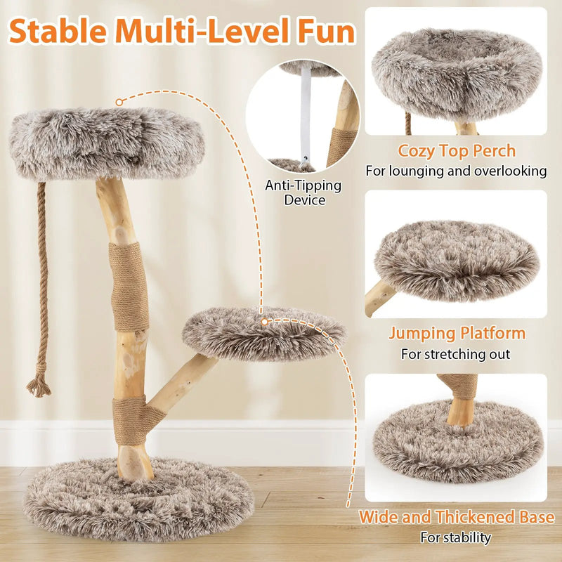 Modern Wooden Cat Tree Tower with Perch and Natural Jute Scratching Posts-Brown by DirectDeals