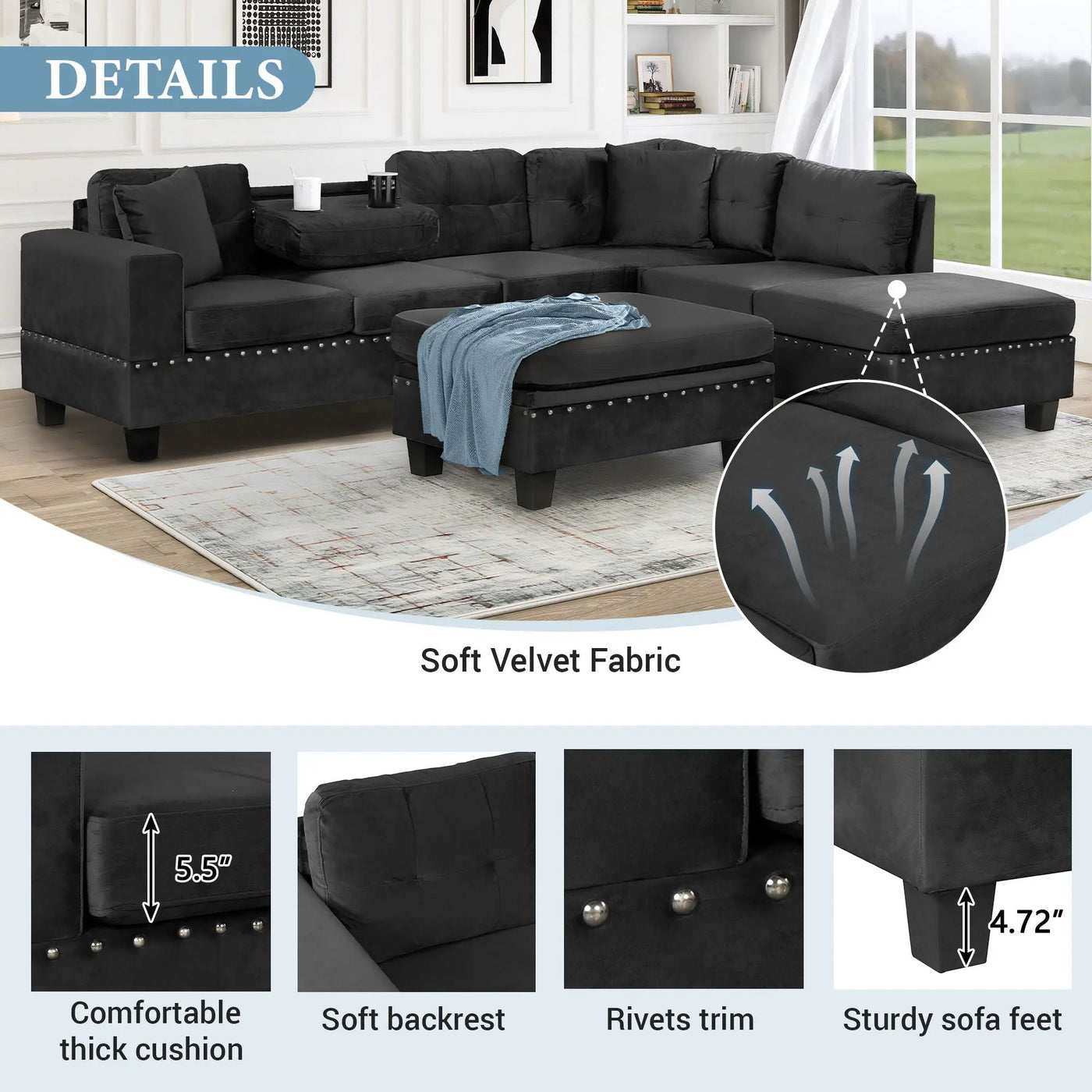 Modern Sectional Sofa With Storage Ottoman, L - Shape Couch With 2 Pillows And Cup Holders by HouseOfZazla