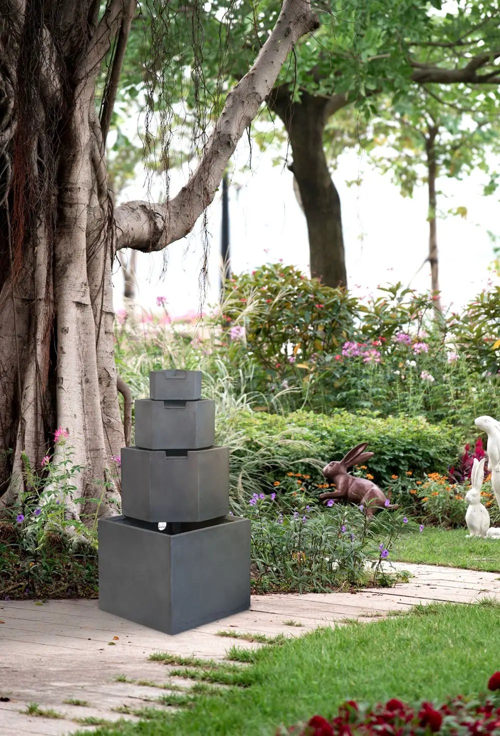 Cement 4 Tier Block Water Fountain Outdoor - Gray by HouseOfZazla