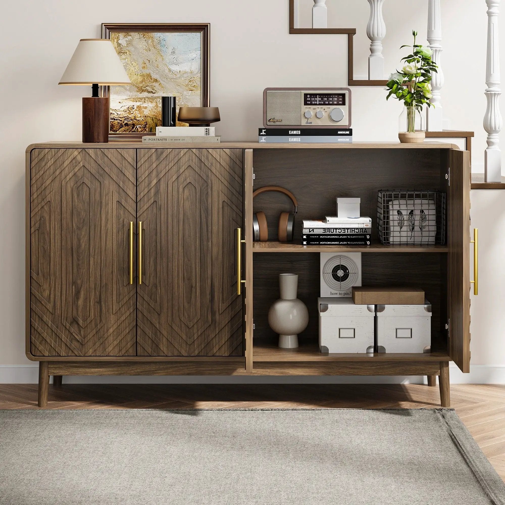 Sideboard Buffet Cabinet With Carved Doors And Adjustable Layer Board by Unique Piece Furniture