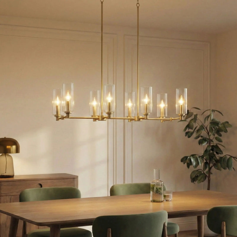 Willow - 8 Lights Island With Clear Ribbed Pendant Lamp Satin - Antique Brass / Clear / Gold by Unique Piece Furniture