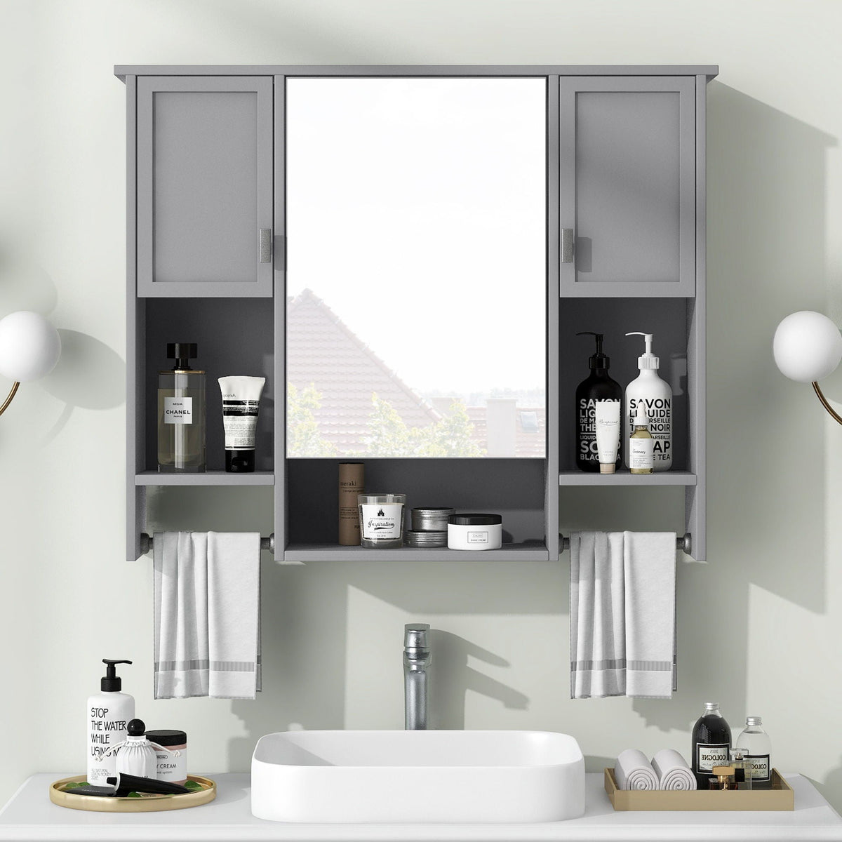Wall Mounted Bathroom Storage Cabinet with Mirror and Towel Bar - Black, Dark Gray, or White, photo 5 of 12