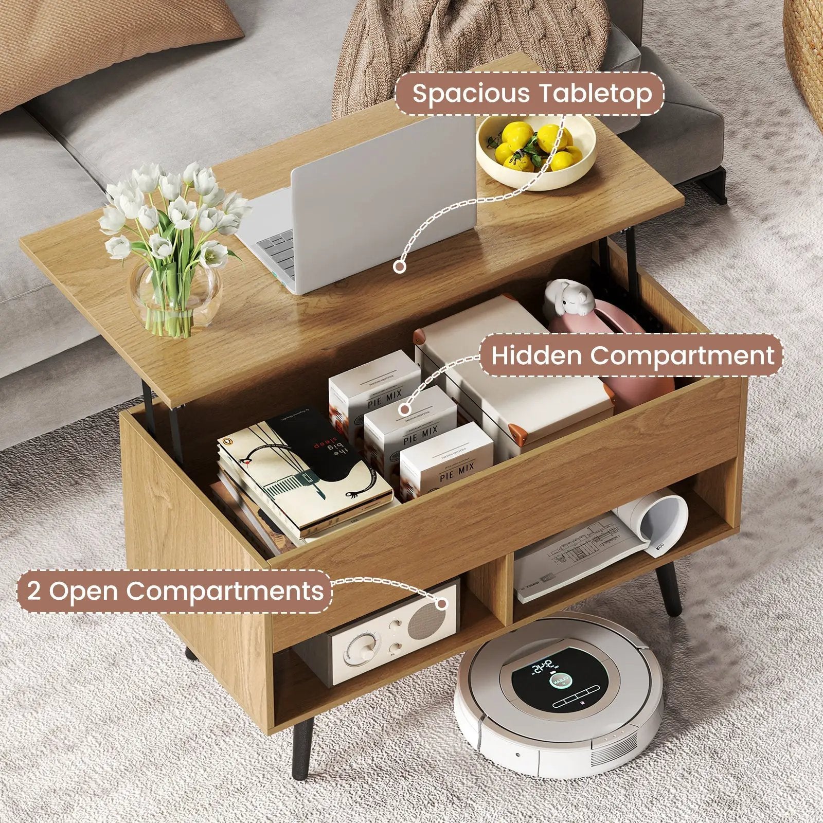 31.5 Inch Lift-Top Coffee Table with Hidden Storage and 2 Open Shelves by DirectDeals