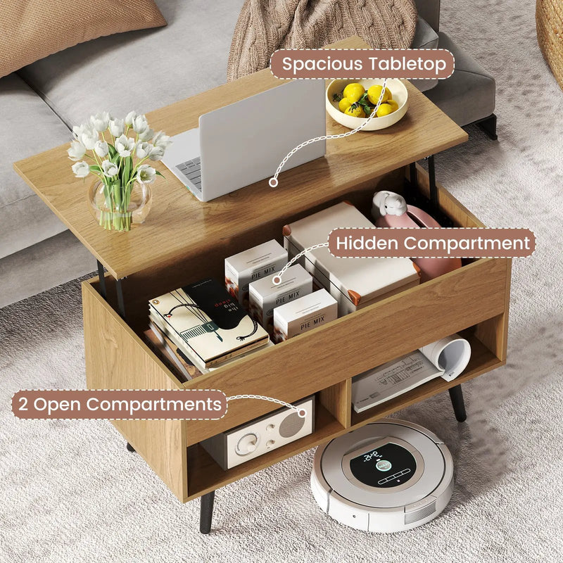 31.5 Inch Lift-Top Coffee Table with Hidden Storage and 2 Open Shelves by DirectDeals