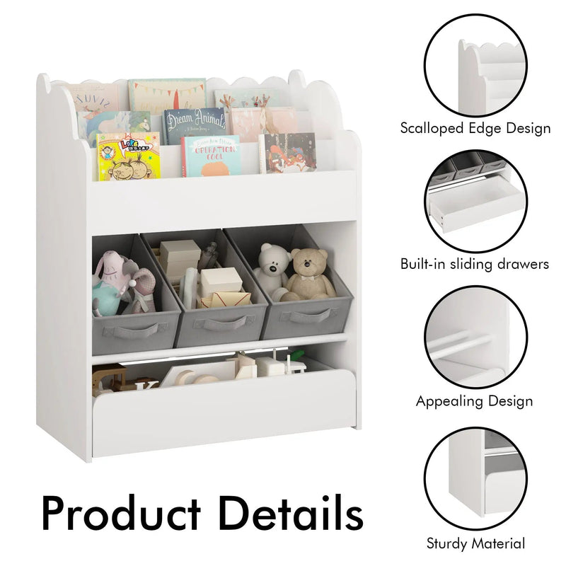 Bookshelf With Storage Bins And Drawer, Multi Functional Book Organizer For Toddlers - White by HouseOfZazla