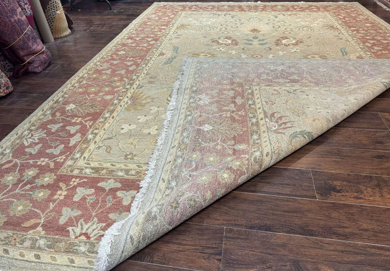 Large Turkish Soumak Rug 10x14, Flatweave Dhurrie, Handmade, Light Green and Salmon by Jewel Rugs