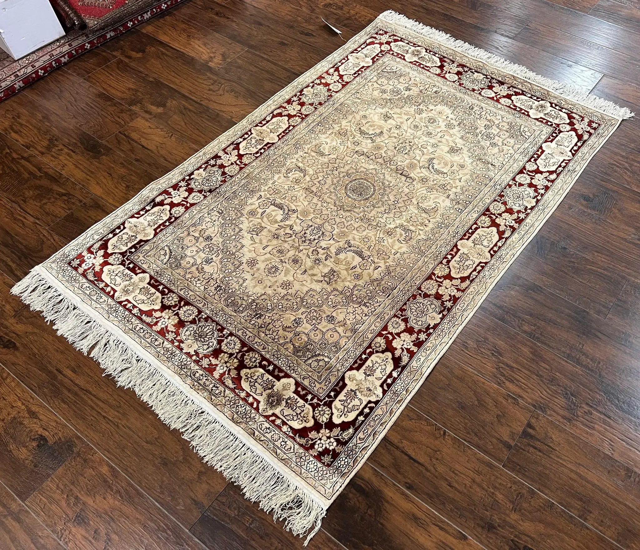 Silk Indian Kashmiri Rug 4x6 ft, Floral Medallion Hand Knotted Handmade Oriental Carpet, Vintage, Cream Burgundy, Very Fine Silk Rug 4 x 6 by Jewel Rugs