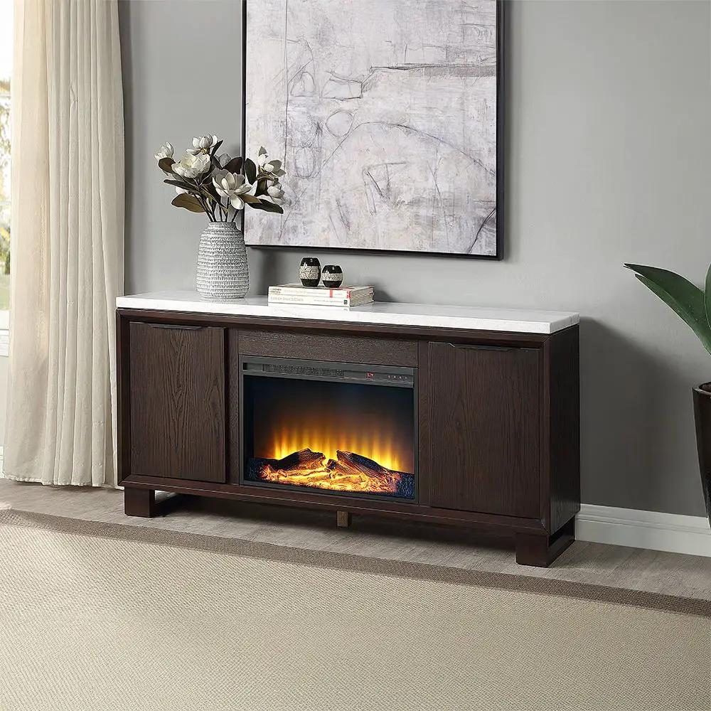 Edwyn - Server With Fireplace - Natural Marble Top & Espresso by Unique Piece Furniture