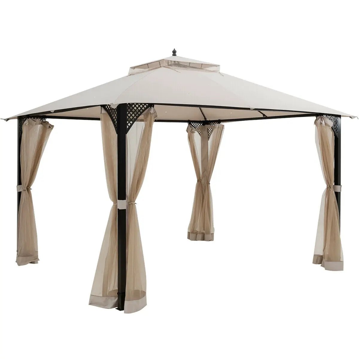 12 x 10 Feet Outdoor Double Top Patio Gazebo with Netting-Brown by DirectDeals