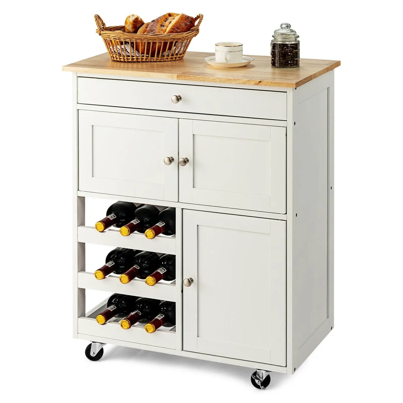Kitchen Cart with Rubber Wood Top 3 Tier Wine Racks 2 Cabinets by DirectDeals
