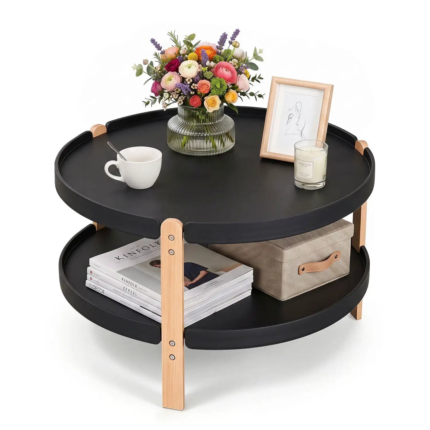 23.5" Round Coffee Table with 2-Tier Open Storage Shelf by DirectDeals