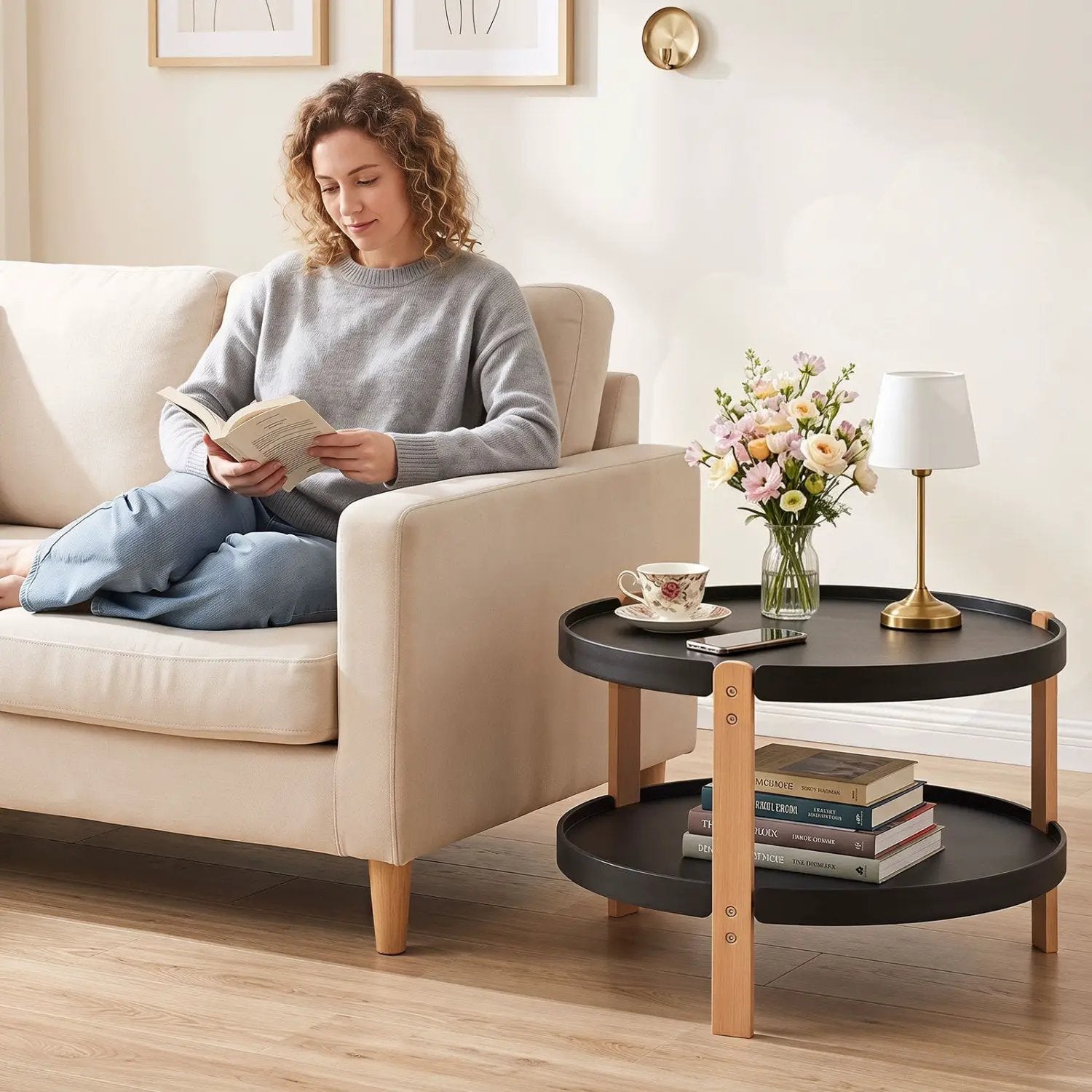 23.5" Round Coffee Table with 2-Tier Open Storage Shelf by DirectDeals