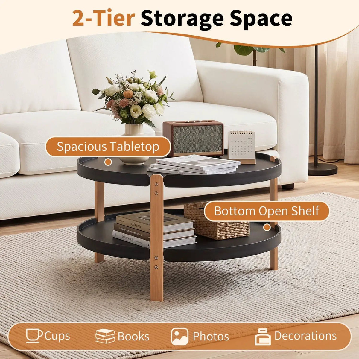 23.5" Round Coffee Table with 2-Tier Open Storage Shelf by DirectDeals