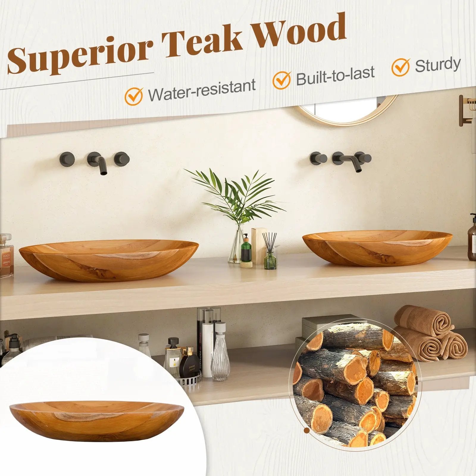23.5 Inch x 16 Inch Teak Wood Washbasin with Drainage Hole by DirectDeals