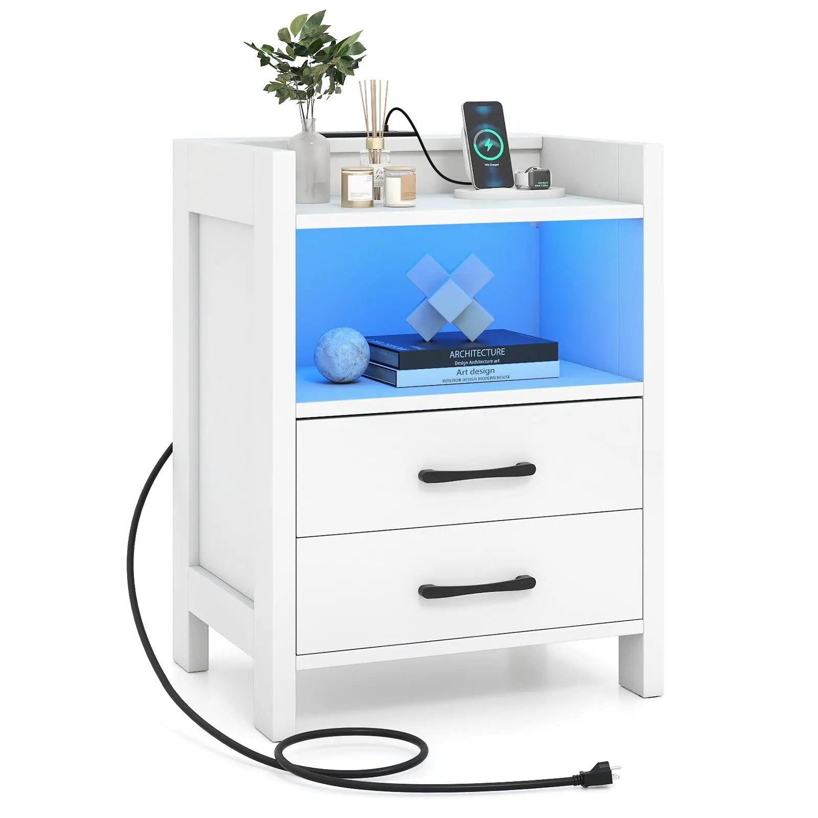 23.5 Inches Nightstand with Charging Station and Open Storage Shelf-White by DirectDeals