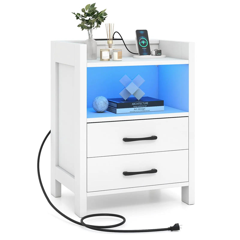 23.5 Inches Nightstand with Charging Station and Open Storage Shelf-White by DirectDeals