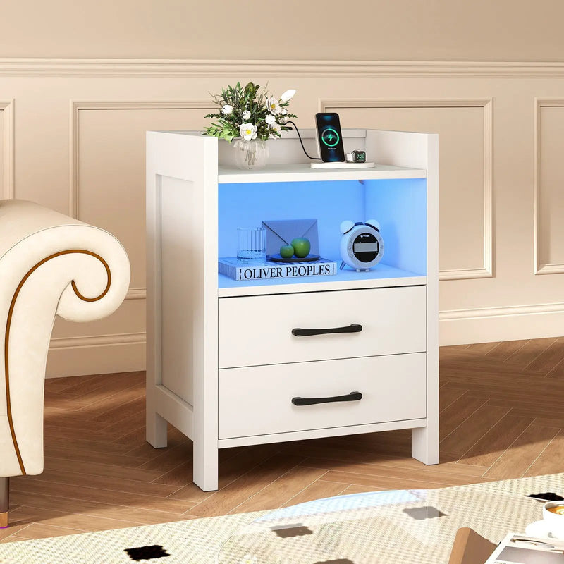 23.5 Inches Nightstand with Charging Station and Open Storage Shelf-White by DirectDeals